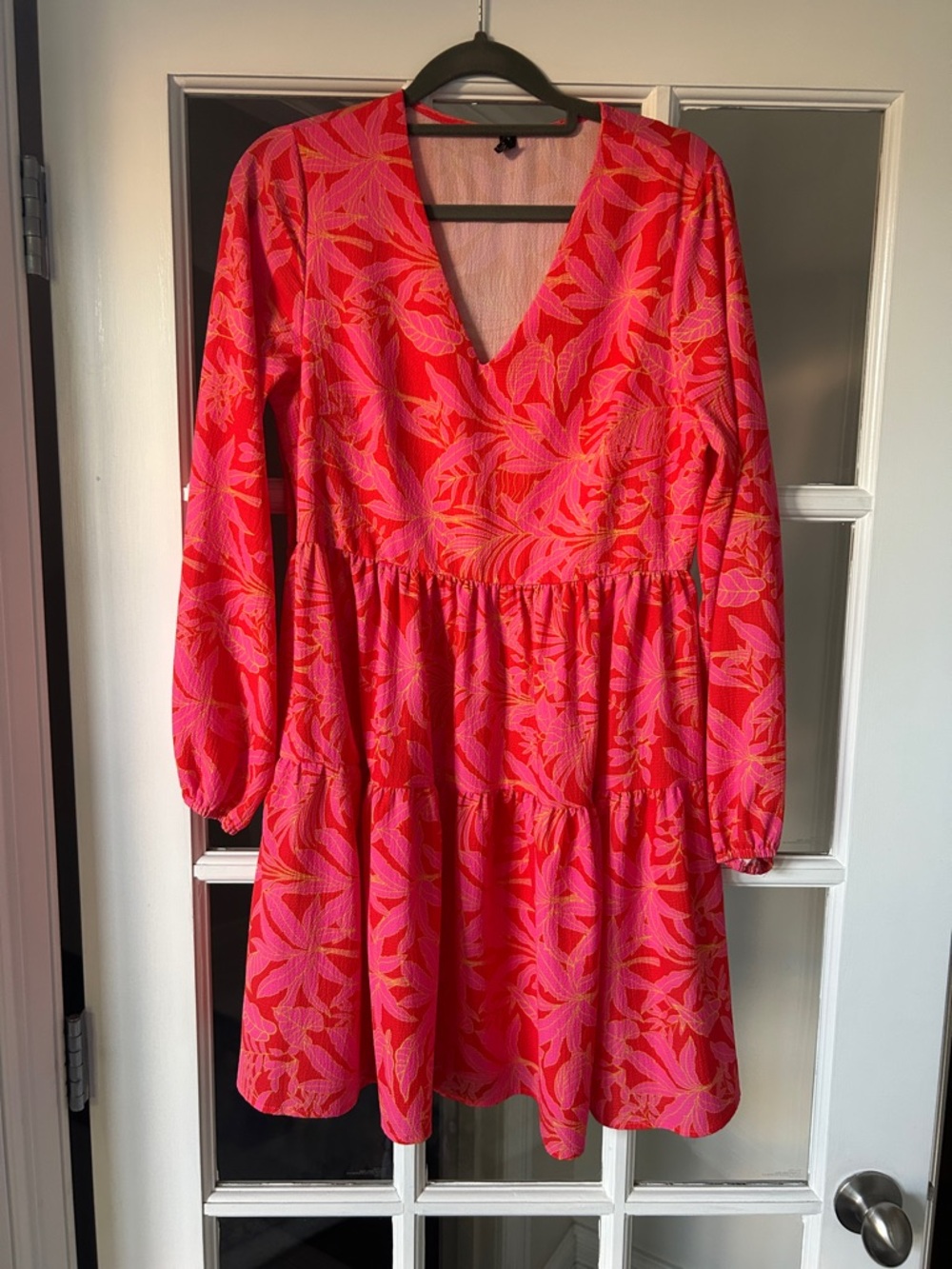 Fancyinn Red and Pink Floral V-Neck Long Sleeve Dress